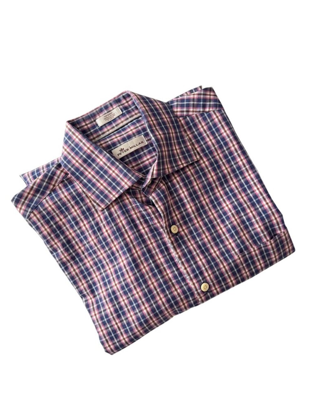 Peter Millar Mens Medium Plaid Button-Up Long-Sleeve Shirt 100% Cotton Blue Pink - Picture 10 of 11